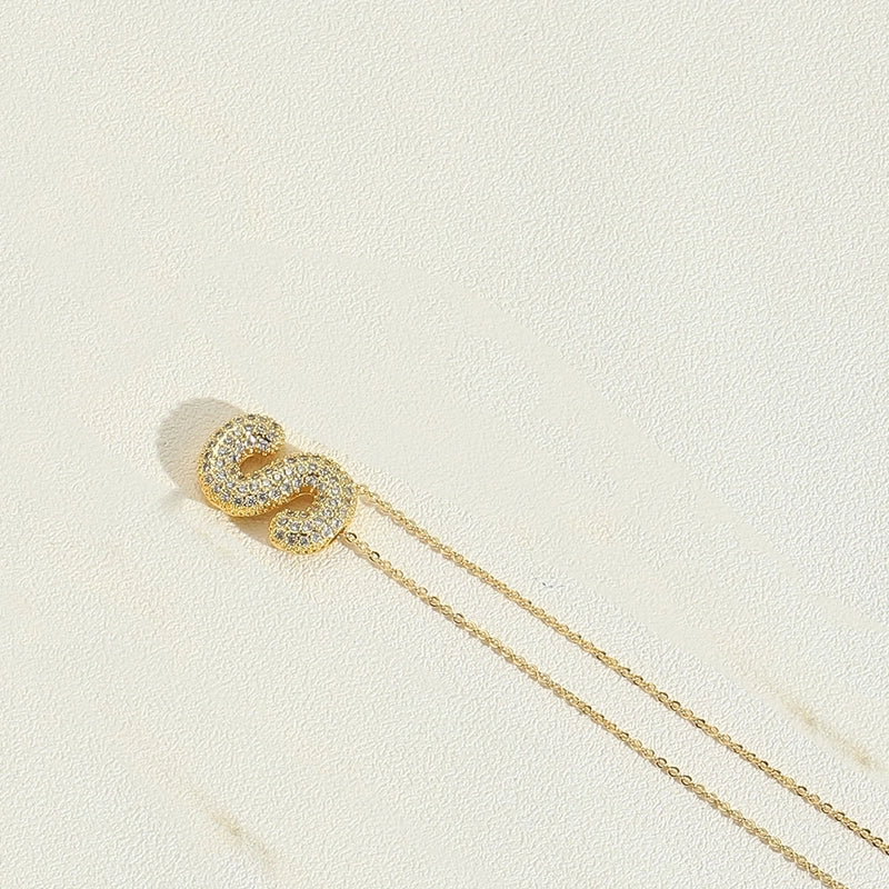 Copper 14K Gold Plated Minimalist Inlay Letter Zircon Pendant Necklace