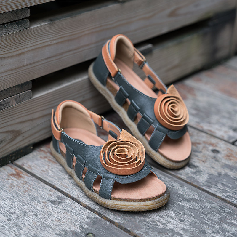 Women's Leather Hollow Sandals Flat with Handmade Flower