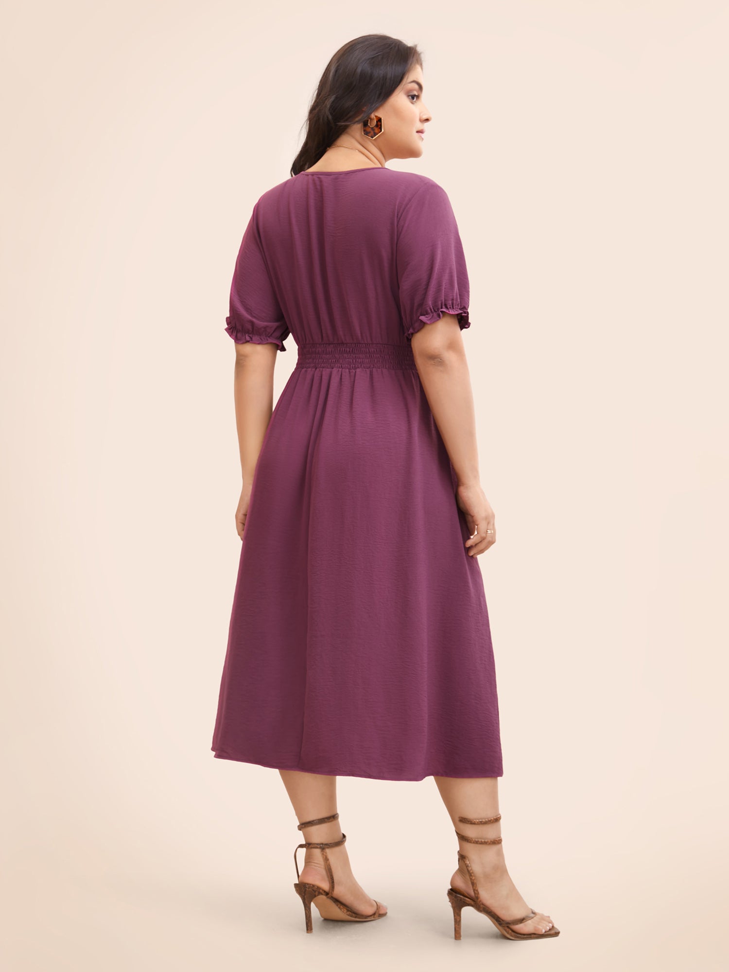 Plain V Neck Shirred Puff Sleeve Dress