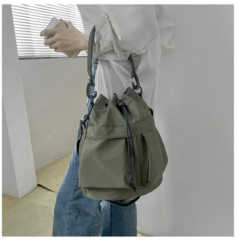 Women's Nylon Solid Color Classic Style Square String Shoulder Bag Bucket Bag