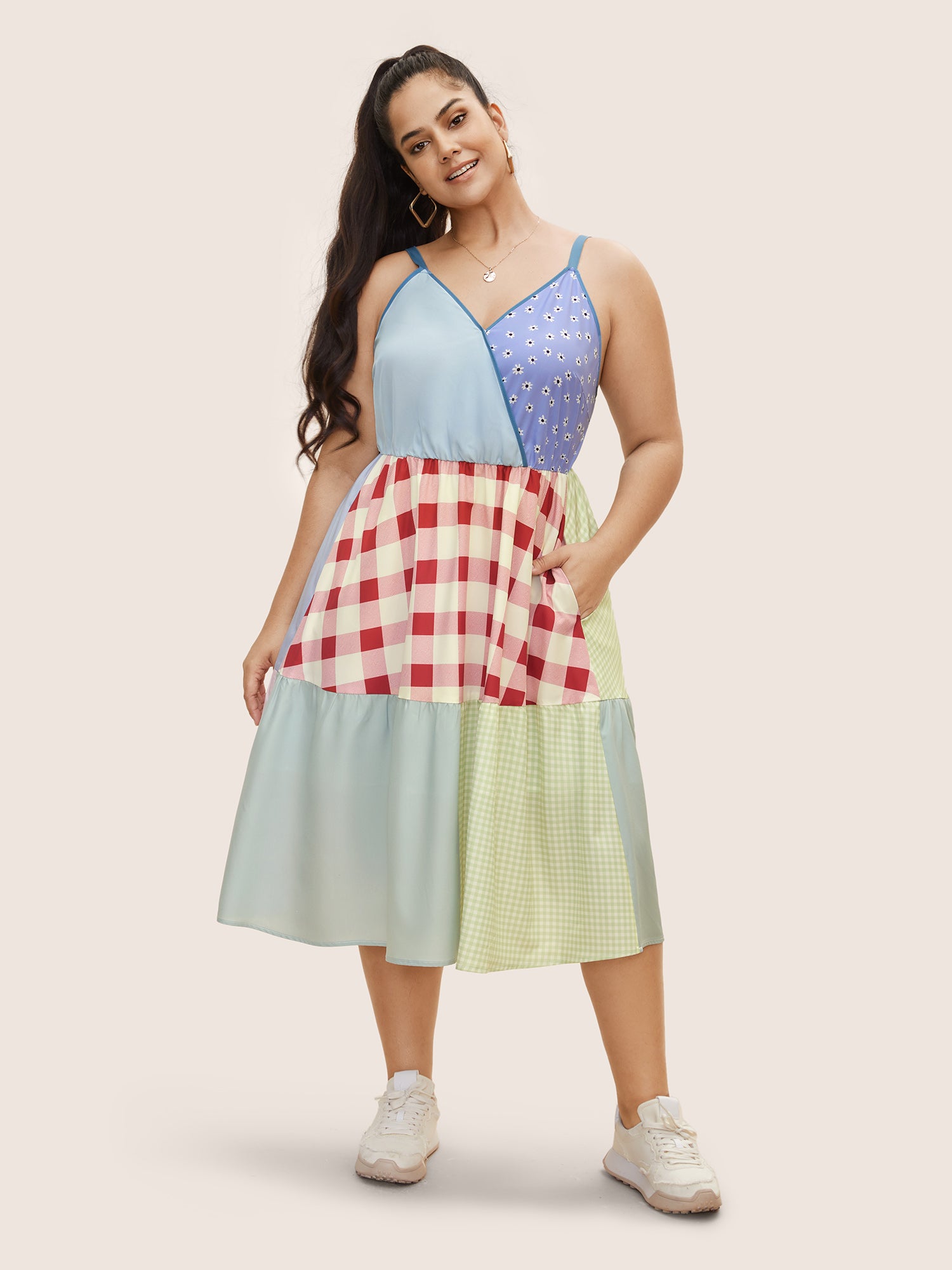 Overlap Collar Plaid Patchwork Midi Dress