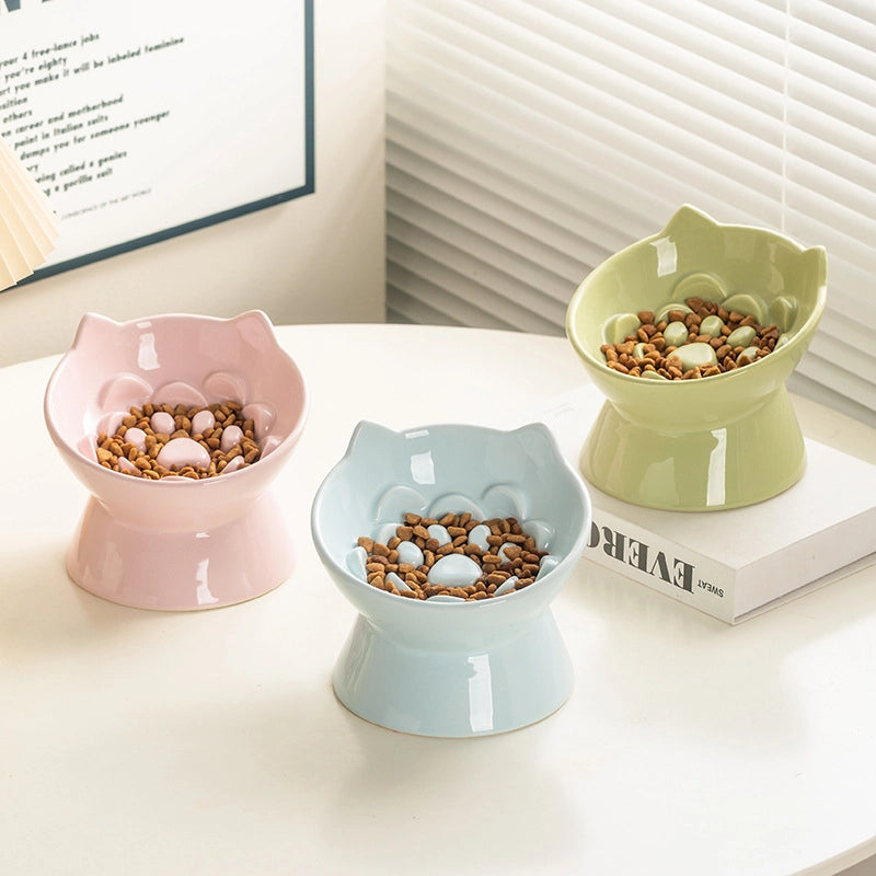 Cat Bowl Ceramic High Foot Slow Food Anti-choking Neck Protection Anti-spilt Pet Cat Dog Rice Bowl Cat Food Cat Food Basin