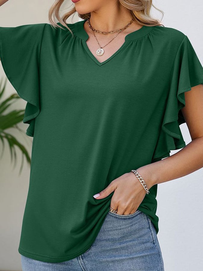 Solid V-neck Ruffled Short Sleeved Casual Top