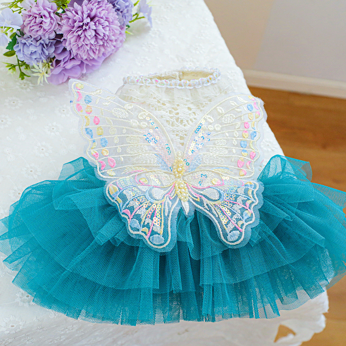 Colorful Butterfly Layered Dog Cat Lace Dress