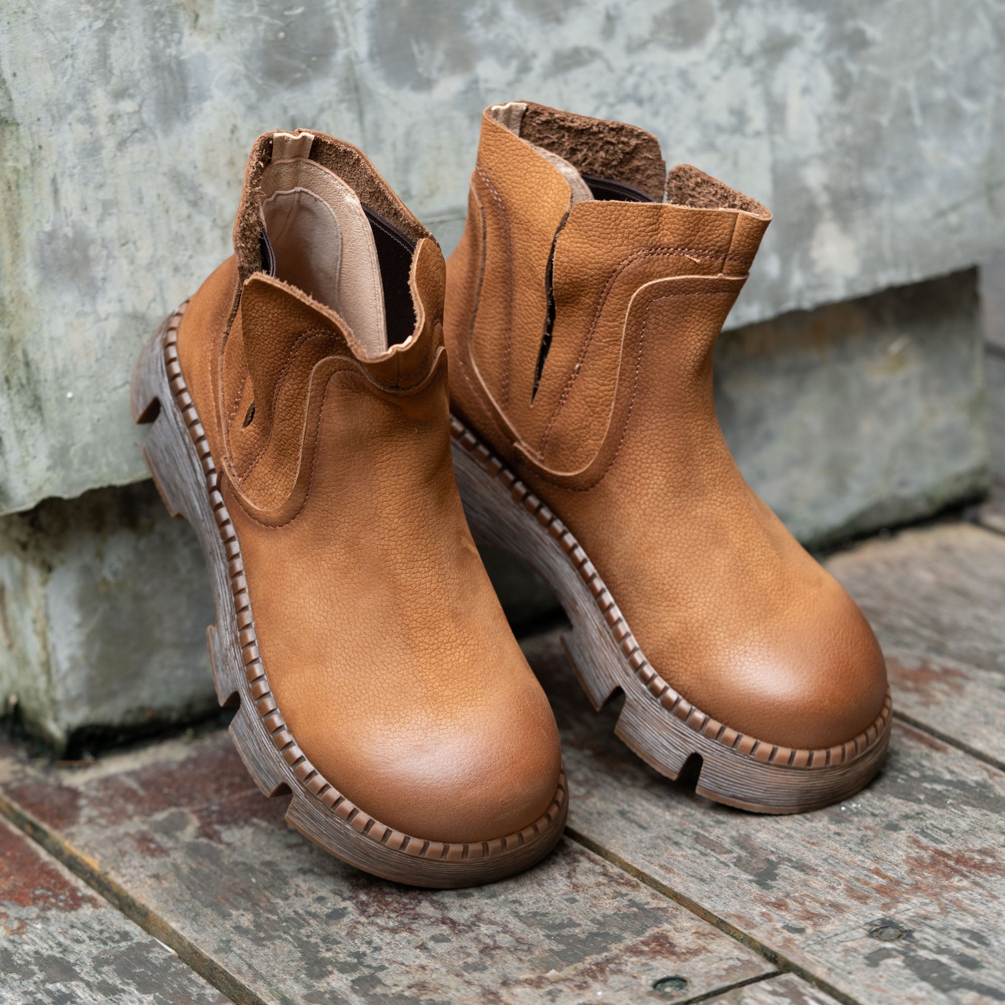 Retro Style Women's Handmade Chunky Chelsea Boots in Brown/Coffee