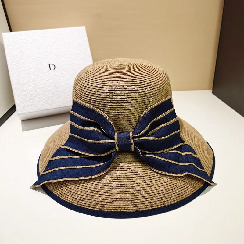 Women's Basic Pastoral Minimalist Bow Knot Wide Eaves Straw Hat