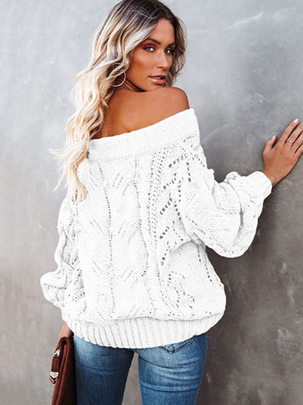 Vintage Long Sleeves Loose Solid Color Off-The-Shoulder Sweater Tops