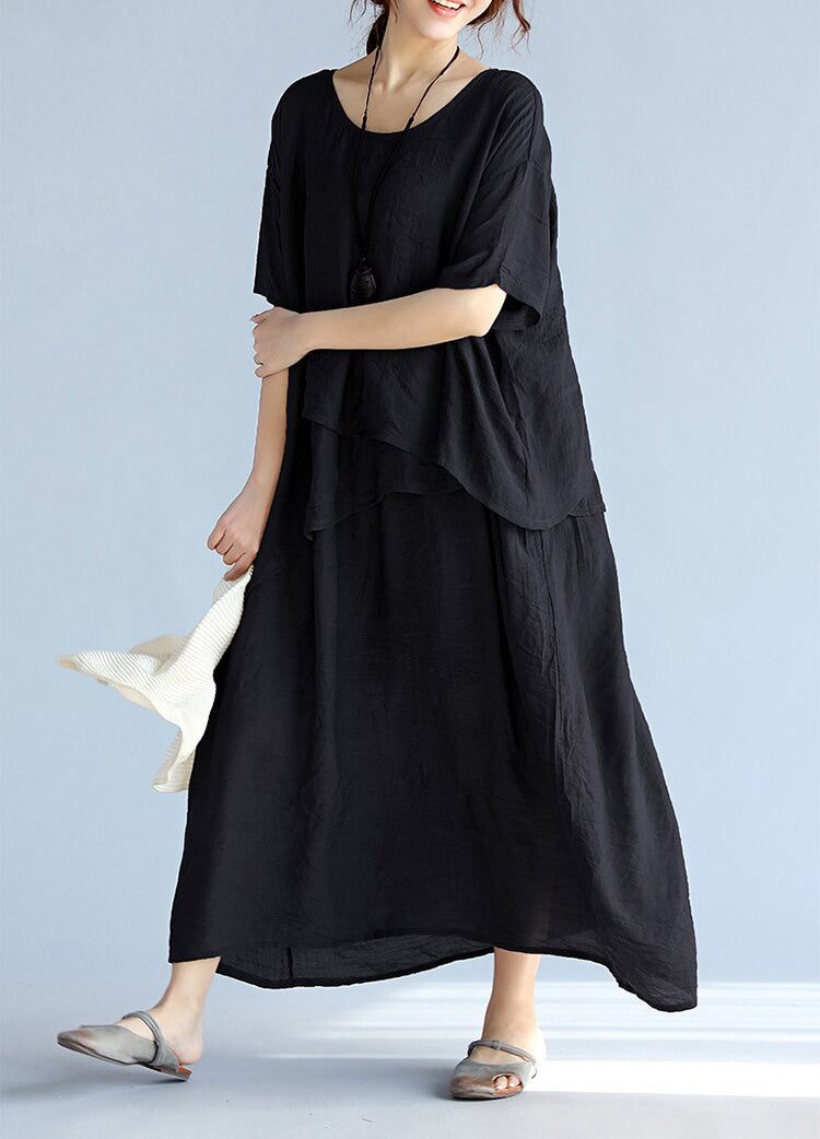 baggy gray long linen dresses oversized layered cotton maxi dress vintage short sleeve cotton clothing