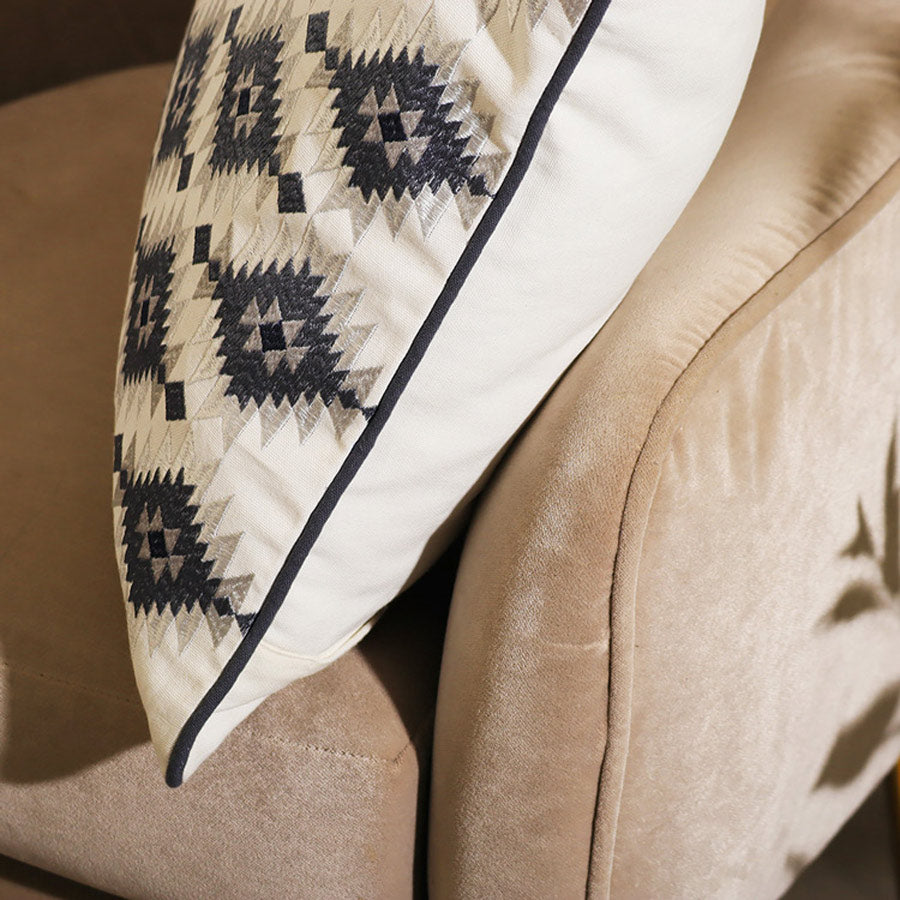 Aztec Embroidered Cotton Cushion Cover - Light Grey