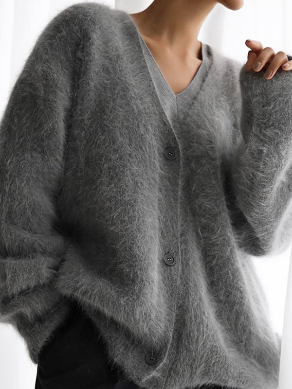 Long Sleeves Loose Buttoned Solid Color V-Neck Cardigan Tops