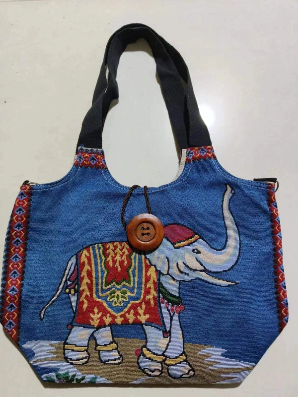 Women's Large Canvas Elephant Ethnic Style Square Zipper Shoulder Bag