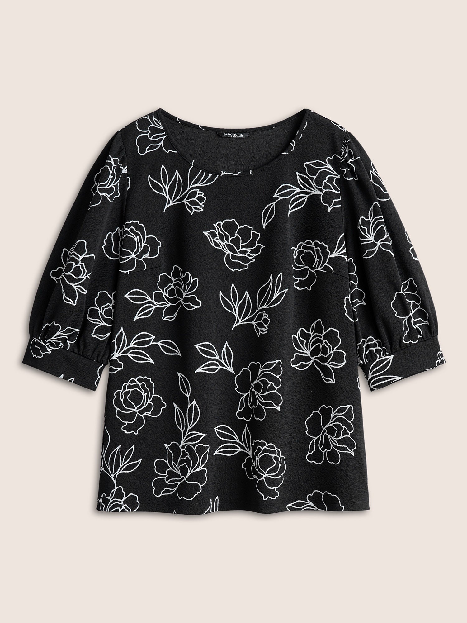 Floral Print Crew Neck Lantern Sleeve T-shirt