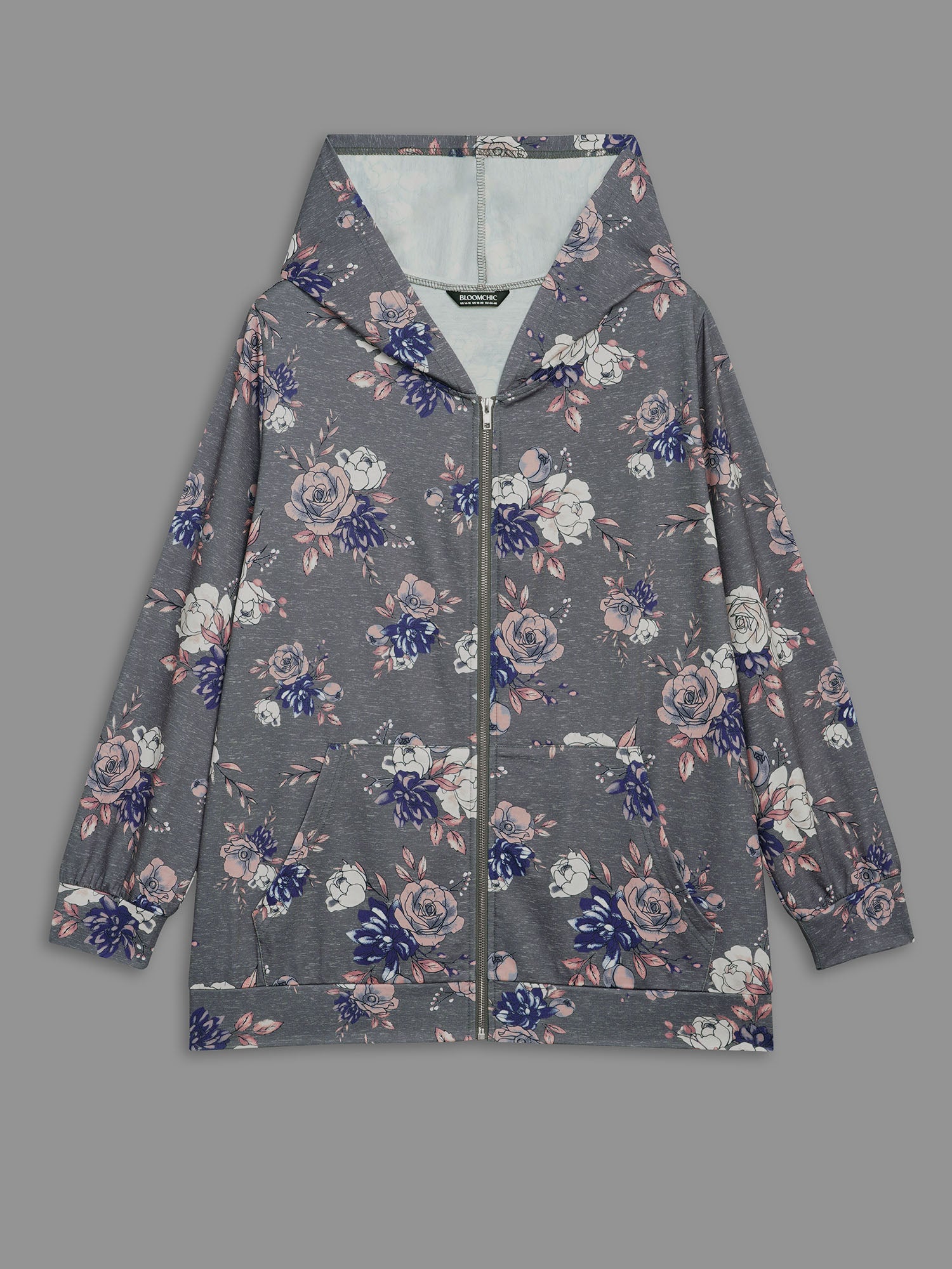 Floral Print Zipper Front Hooded Sweatshirt