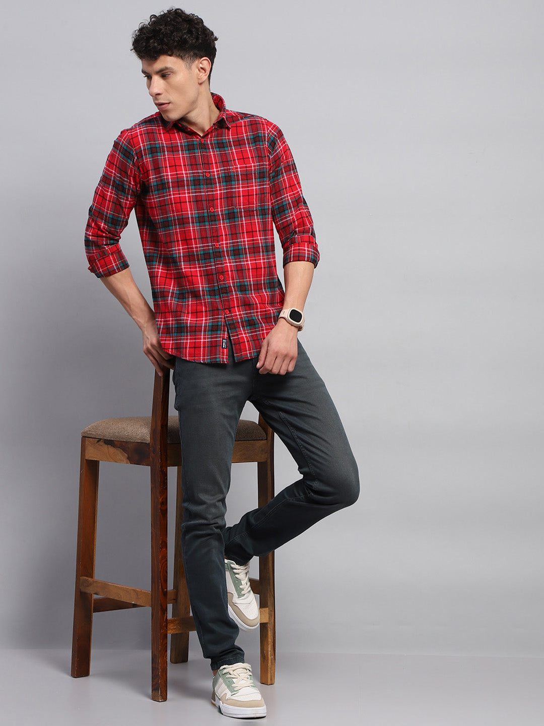 Men Red Check Collar Full Sleeve Shirt