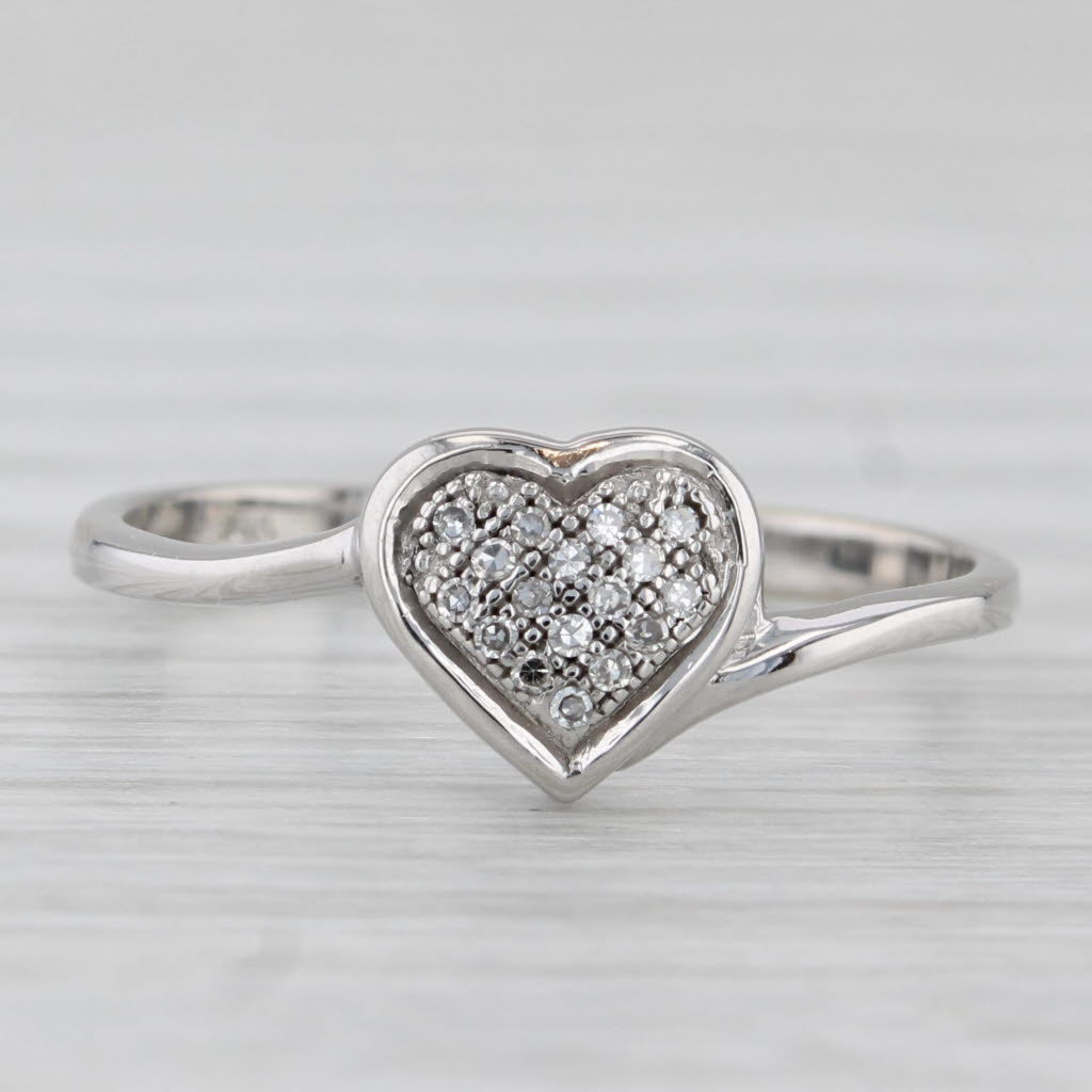Pave Diamond Heart Ring 10k White Gold Bypass Size 7.25