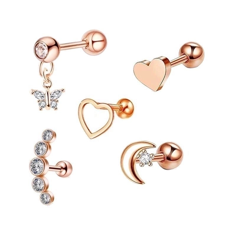 Minimalist Heart Shape Stainless Steel Plating Zircon Ear Studs 5 Piece Set