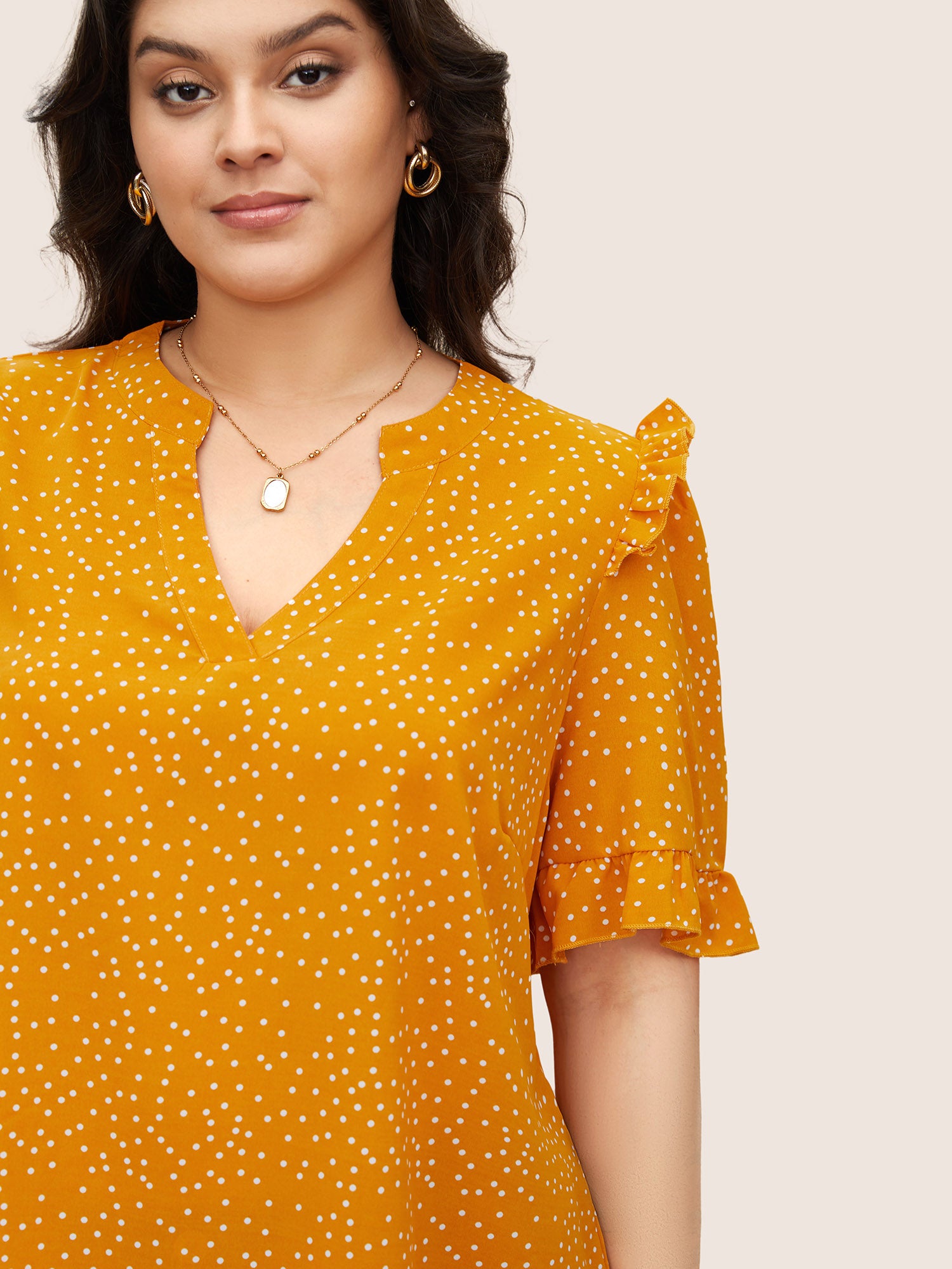 Polka Dot V Neck Ruffle Trim Blouse