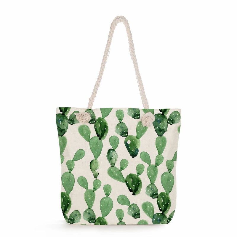Women's Medium Linen Cactus Vacation Classic Style Square Zipper Tote Bag Beach Bag