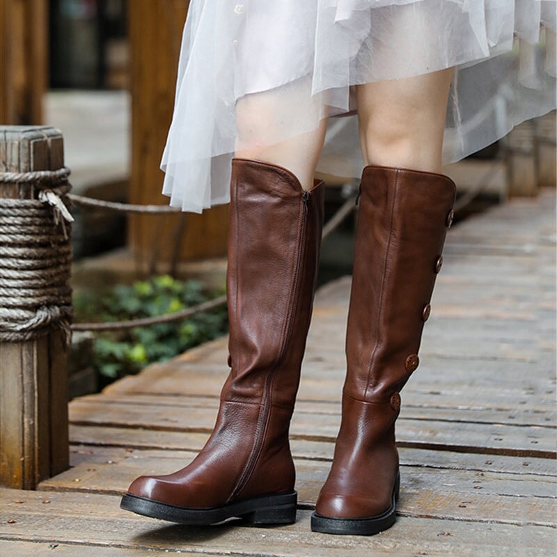 Women Leather Handmade Knee-Length Boots With Ziper Low Heel in Grey/Coffee