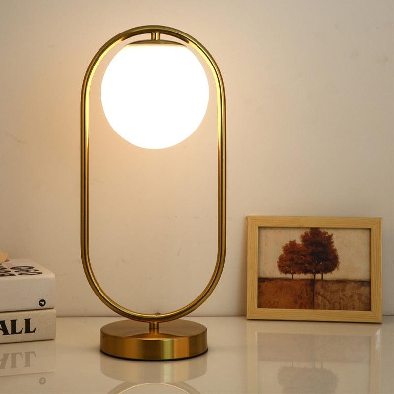 Golden Brass Ring LED Table Lamp with Glass Sphere