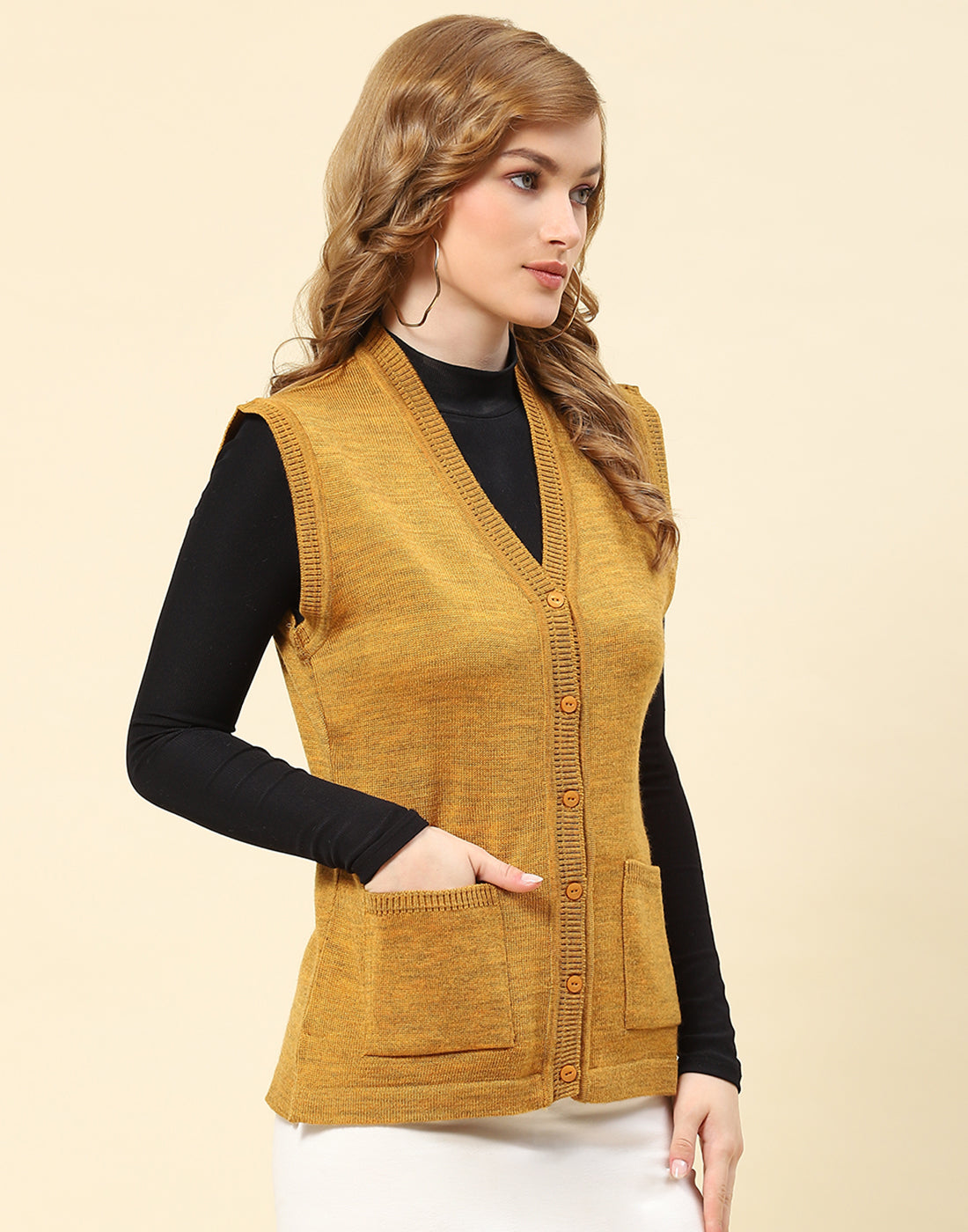 Women Mustard Solid V Neck Sleeveless Cardigan