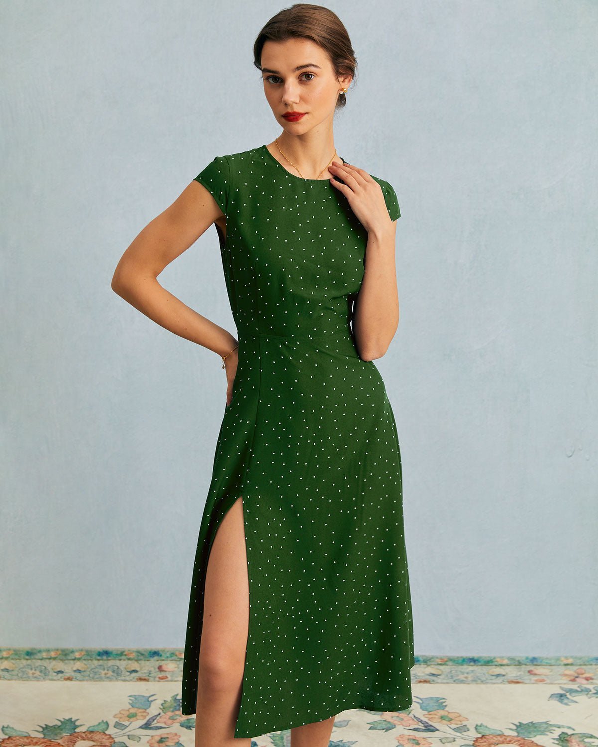 The Green Round Neck Polka Dot Cutout Midi Dress