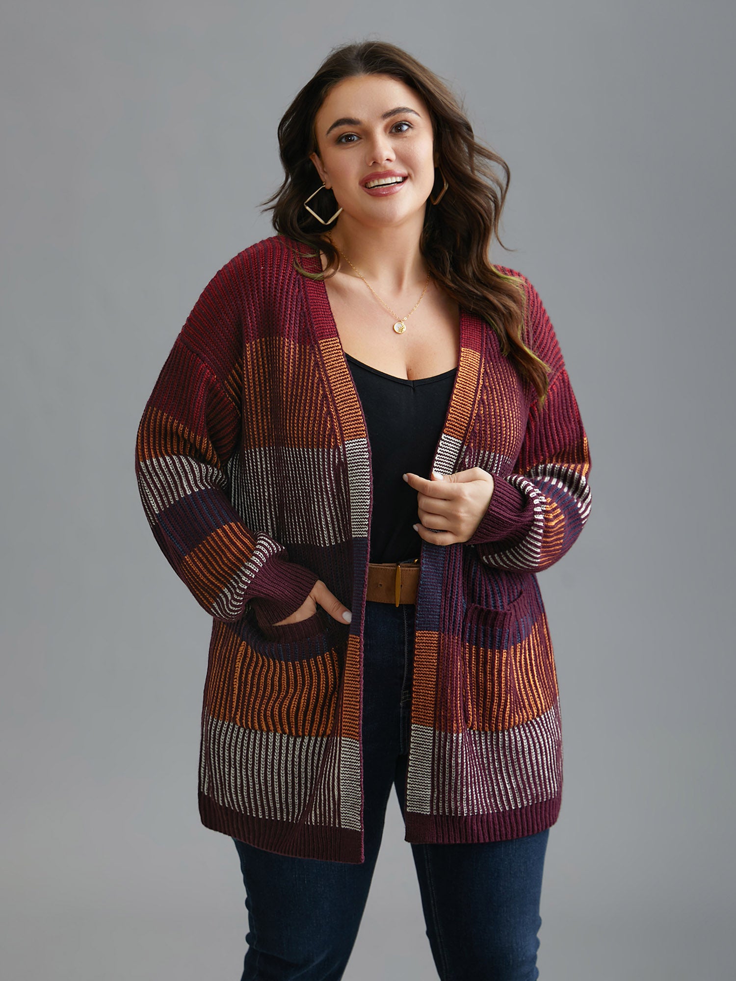 Front-Open Color Block Knit Cardigan