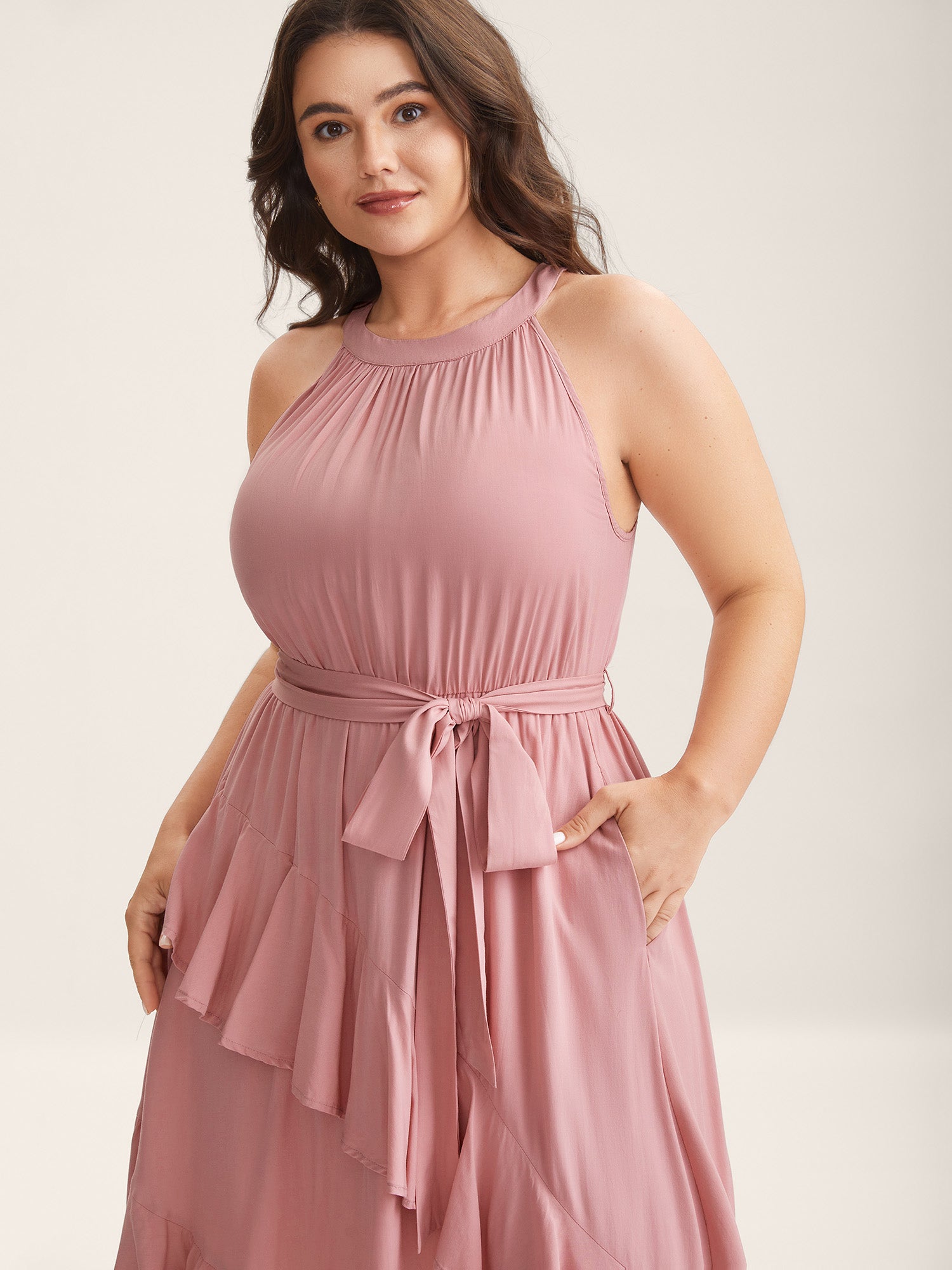 Ruffled Halter Neck Solid Midi Dress