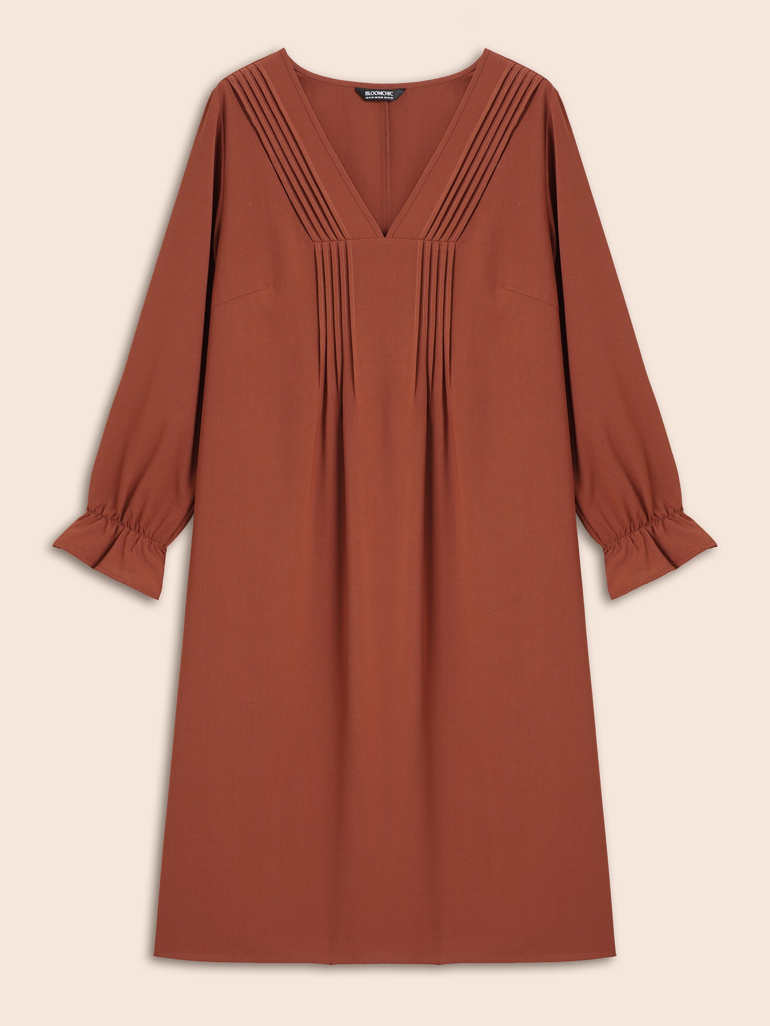 V Neck Pleated Lantern Sleeve Dress