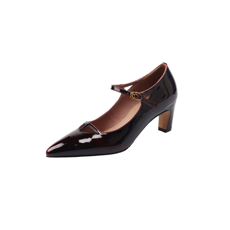 Elegant Gradient Patent Sheepskin 60mm Heels Pointed Toe Mary Jane Pumps in Brown/Wine Red