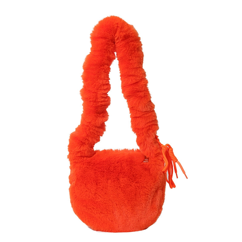 Korean Style Autumn And Winter Furry Solid Color Mini Bag Casual Fashion Underarm Women's Bag Fashionable Western Style Plush Handbag