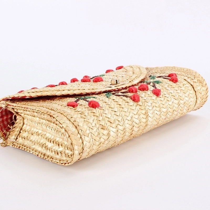 Women's Cherry Straw Weave Lock Clasp Wallets