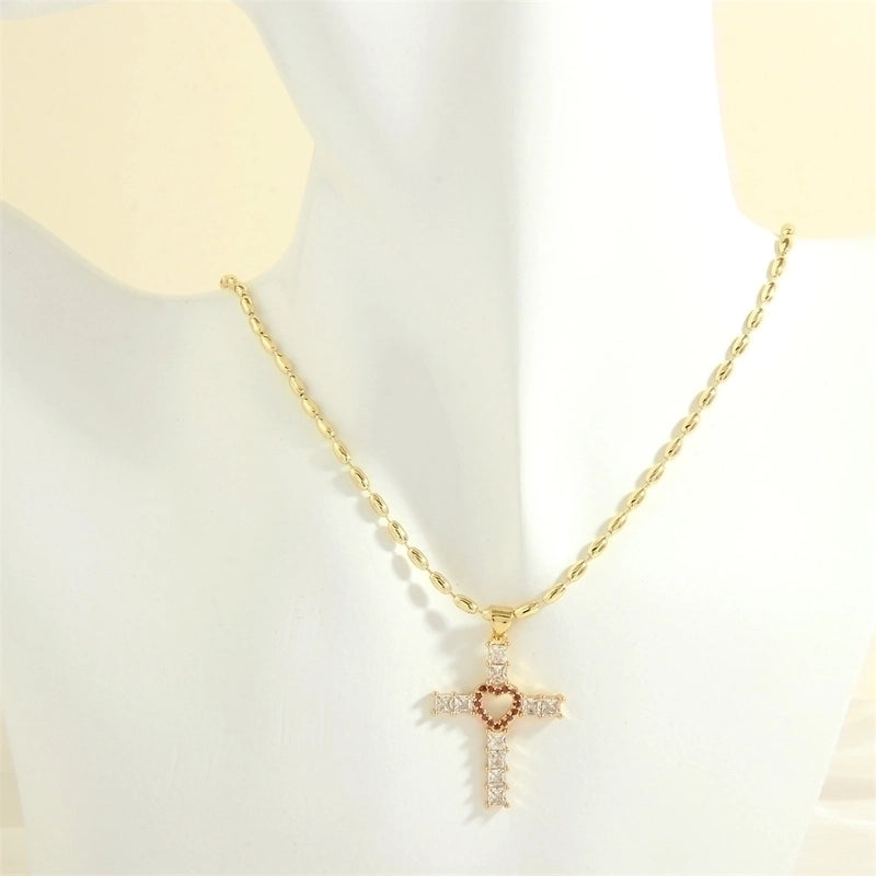 Minimalist Cross Heart Shape Copper 18k Gold Plated Zircon Pendant Necklace In Bulk