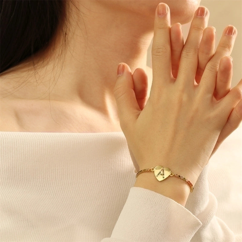 Copper 18K Gold Plated Elegant Romantic Sweet Letter Heart Shape Inlay Zircon Bracelets