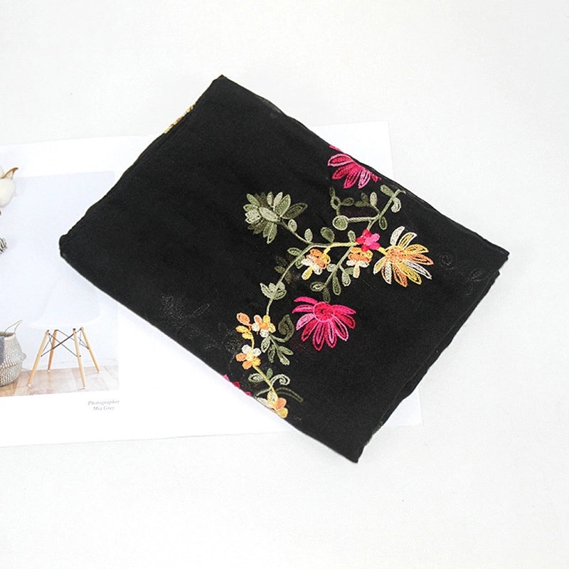 Women's Classic Style Flower Cotton And Linen Embroidery Scarf