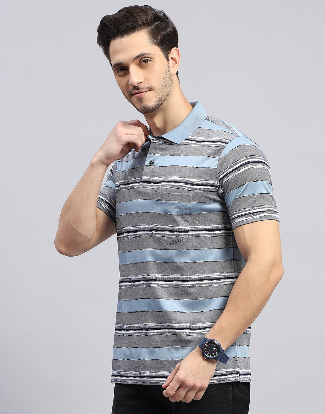 Men Sky Blue Stripe Polo Collar Half Sleeve T-Shirt