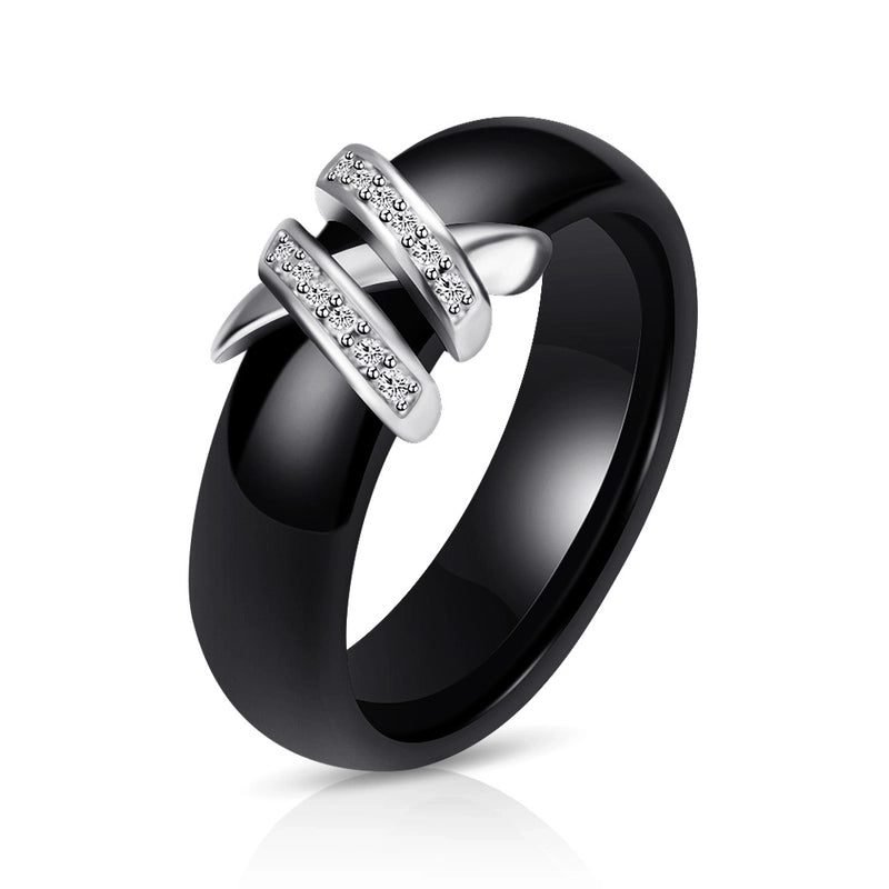 Creative Ceramic Black White Double X Inlaid Diamond Titanium Steel Ring