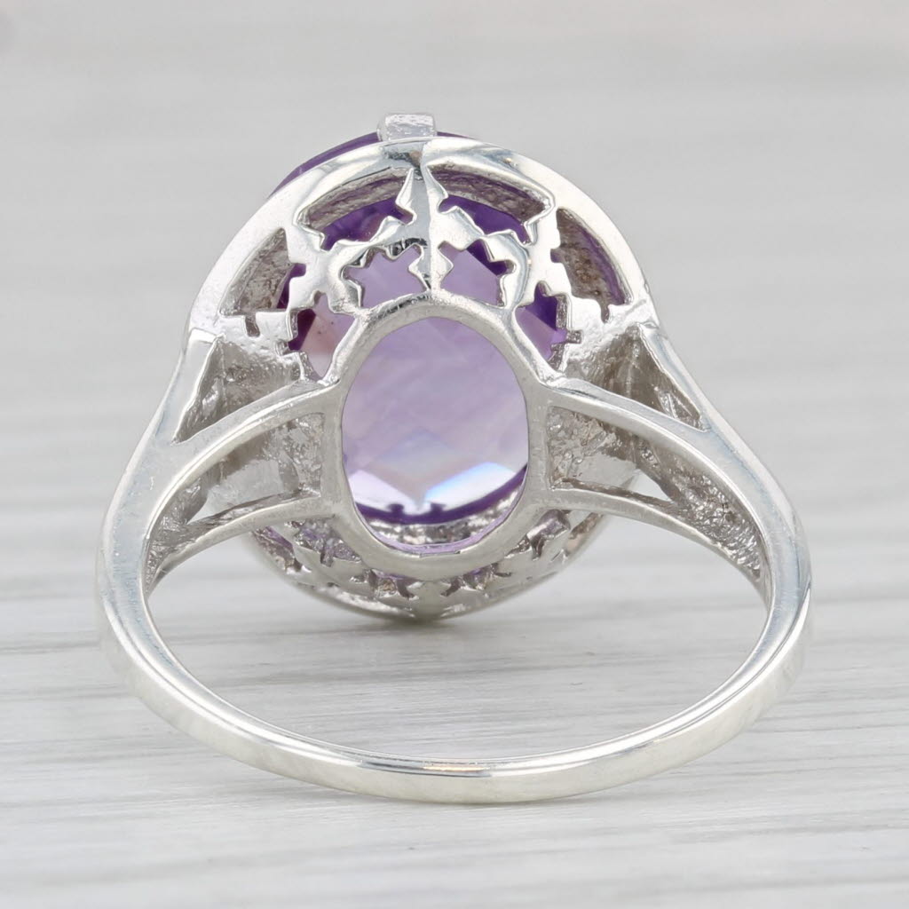 2.60ct Oval Amethyst Solitaire Ring Sterling Silver Size 6 Floral Accents