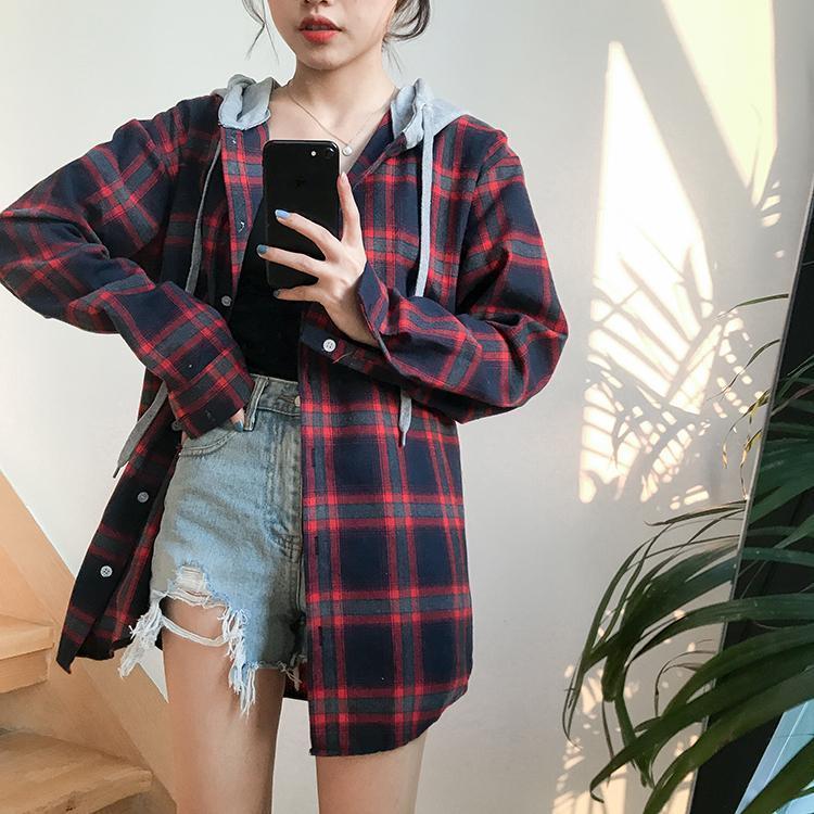 Flannel Plaid Hooded Long Sleeve Shirt