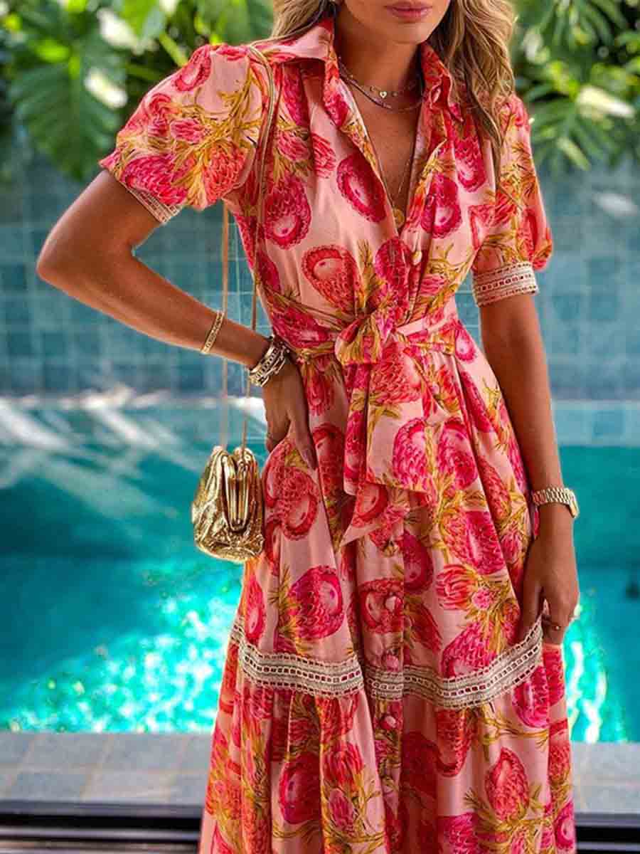 Bohemian Printed Lace Belt Dress