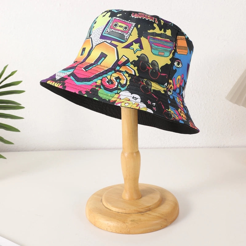Unisex Casual Retro Artistic Letter Color Block Printing Curved Eaves Bucket Hat