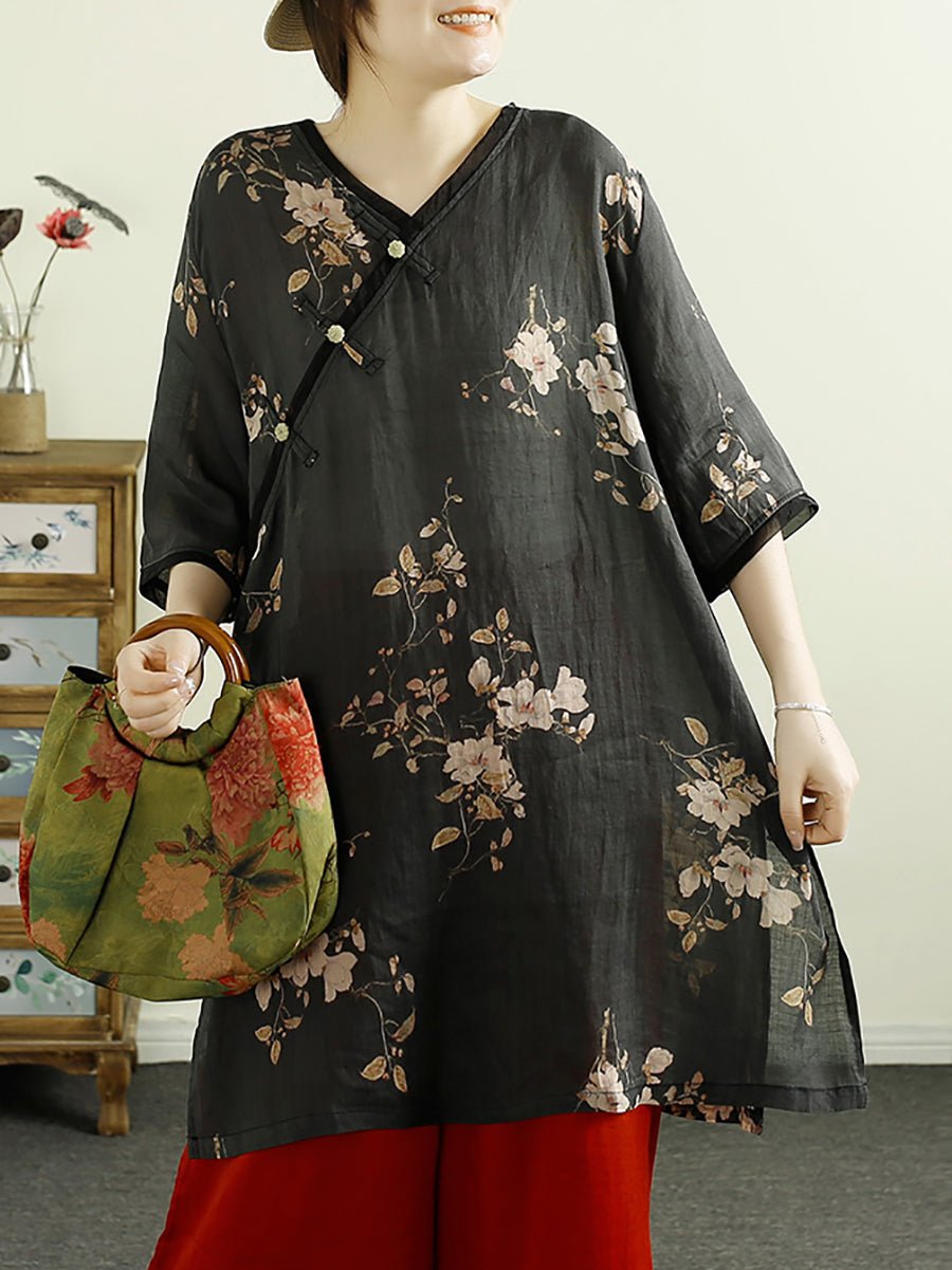 Women Summer Ethnic V-Neck Flower 100%Ramie Shirt