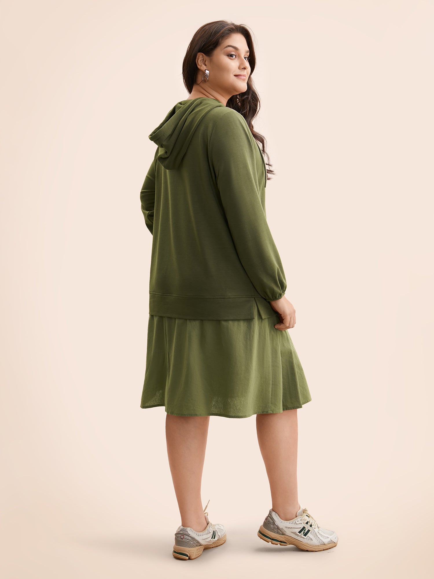 Patchwork Pleated Hooded Drawstring Dress