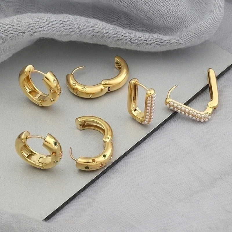 1 Pair Minimalist U Shape Round Plating Inlay Stainless Steel Pearl Zircon 18K Gold Plated Earrings