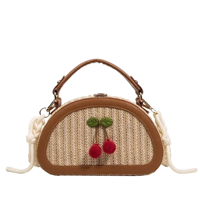 Women's Small Straw Color Block Cherry Streetwear Lock Clasp Handbag Crossbody Bag