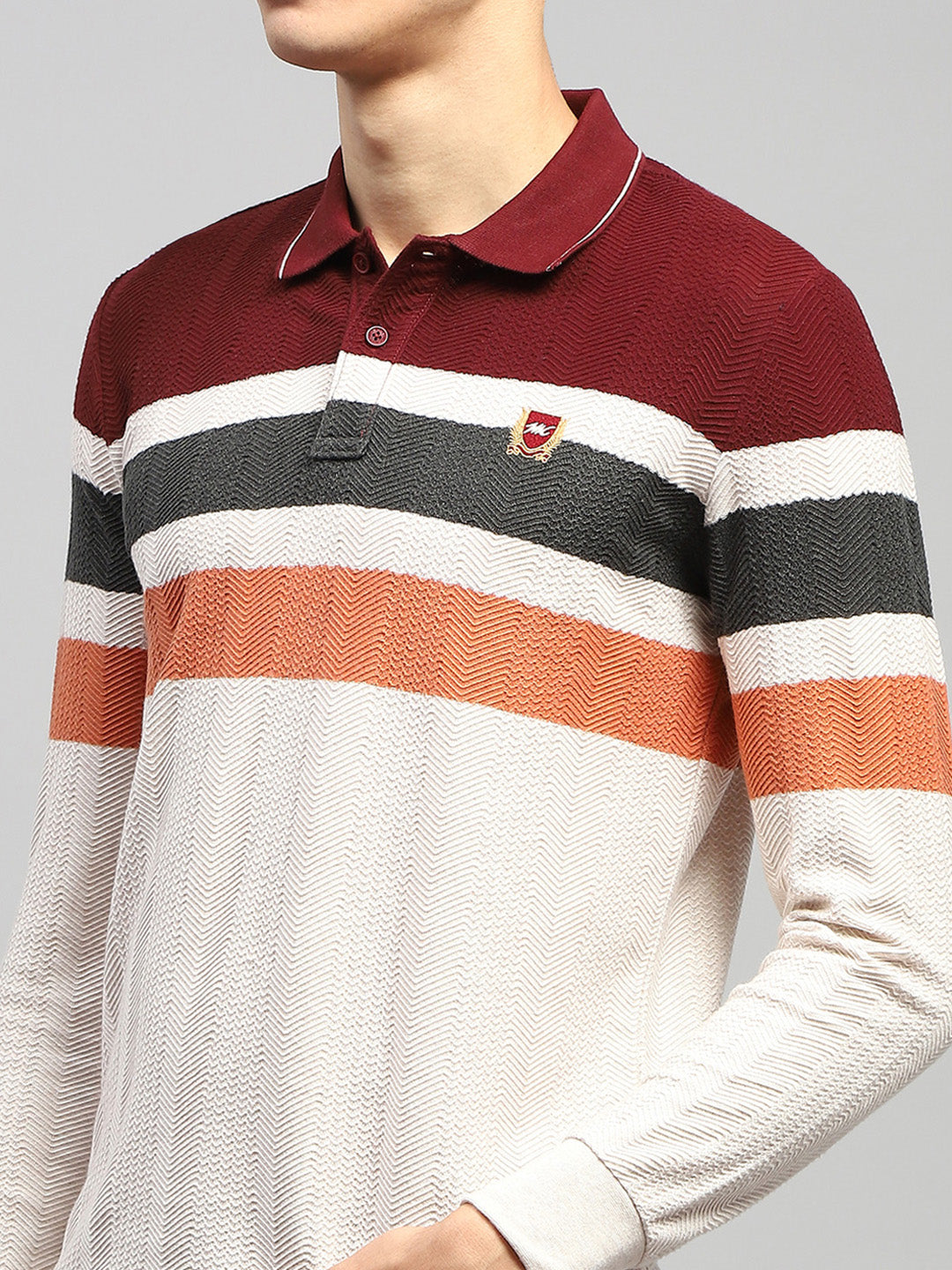 Men Maroo & White Stripe Collar Full Sleeve Winter T-Shirt