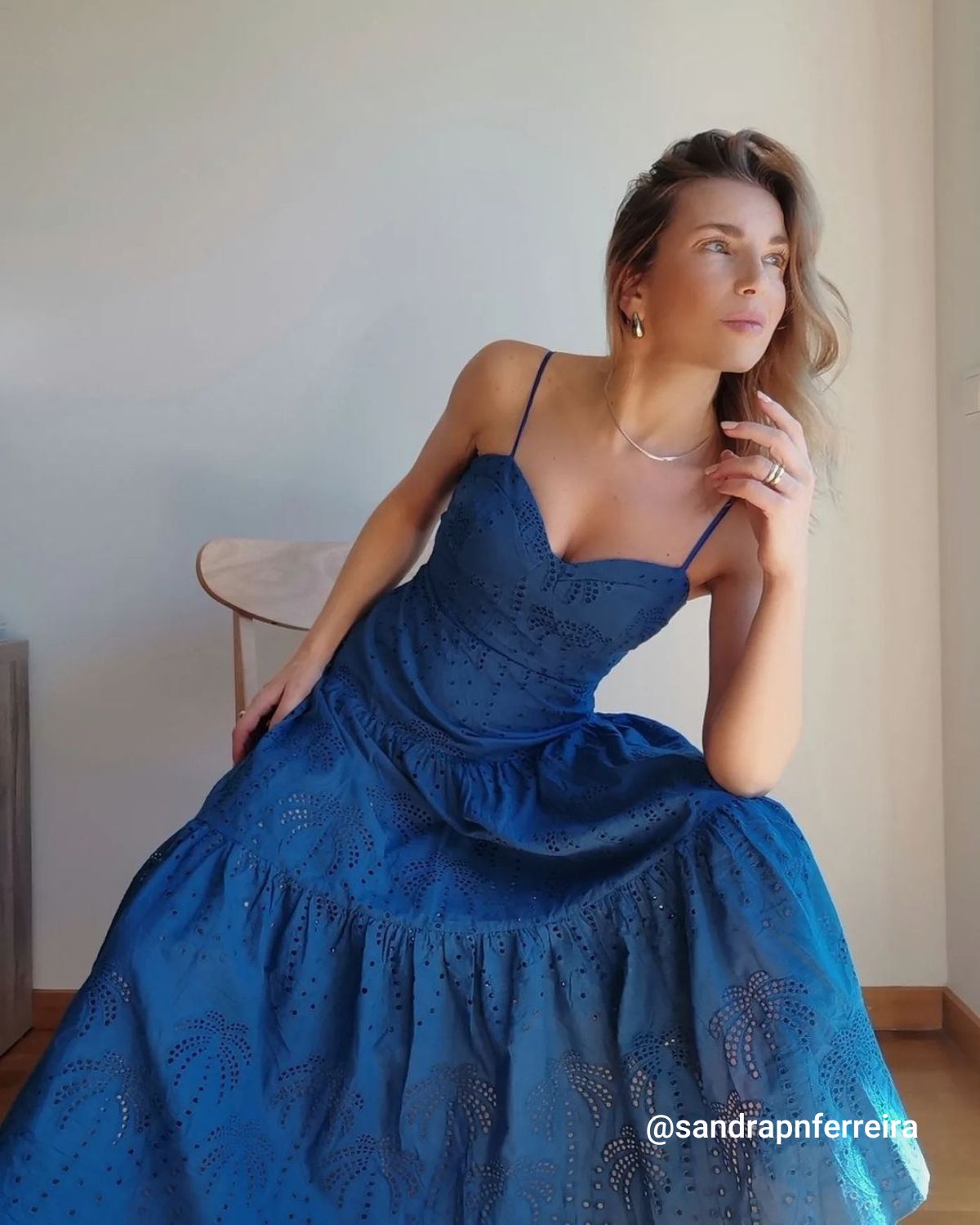 The Blue Sweetheart Neck Embroidery Slip Midi Dress