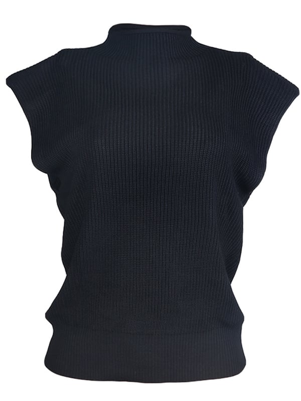 Casual Cap Sleeve Solid Color High-Neck Sweater Tops Pullovers