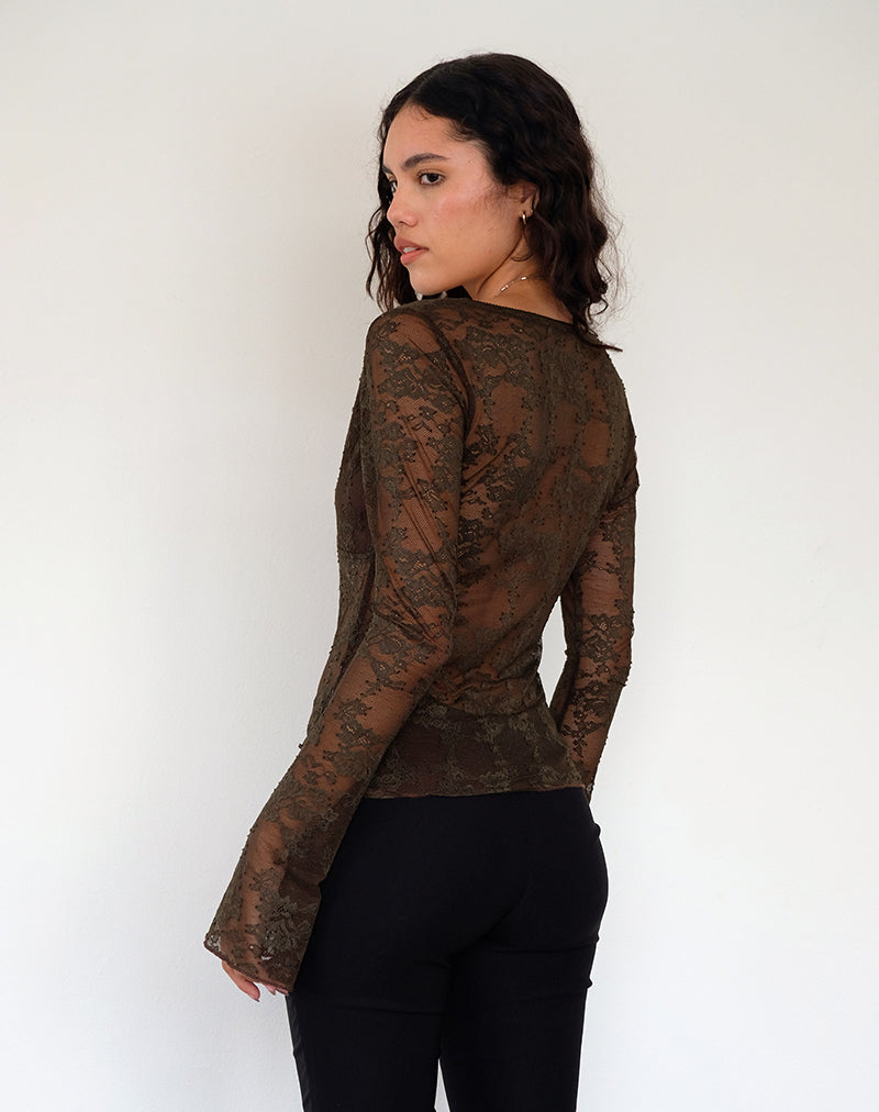 Orphee Long Sleeve Lace Top in Brown