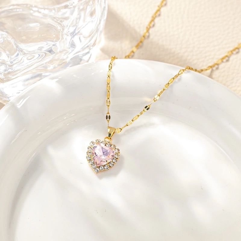 Titanium Steel Minimalist Plating Heart Shape Zircon Pendant Necklace